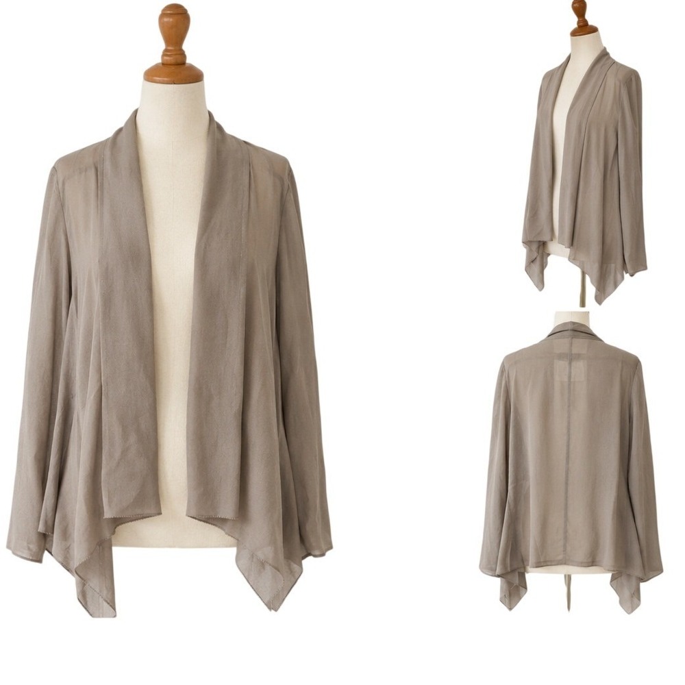 Eileen Fisher Silk Cardigan Womens M Taupe Open Front Sheer Drape Georgette FLAW